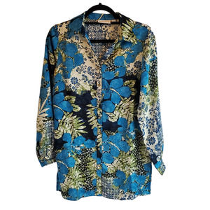 Susan Graver Printed Woven Button Front Women's Big Shirt Blue Multi Size XS